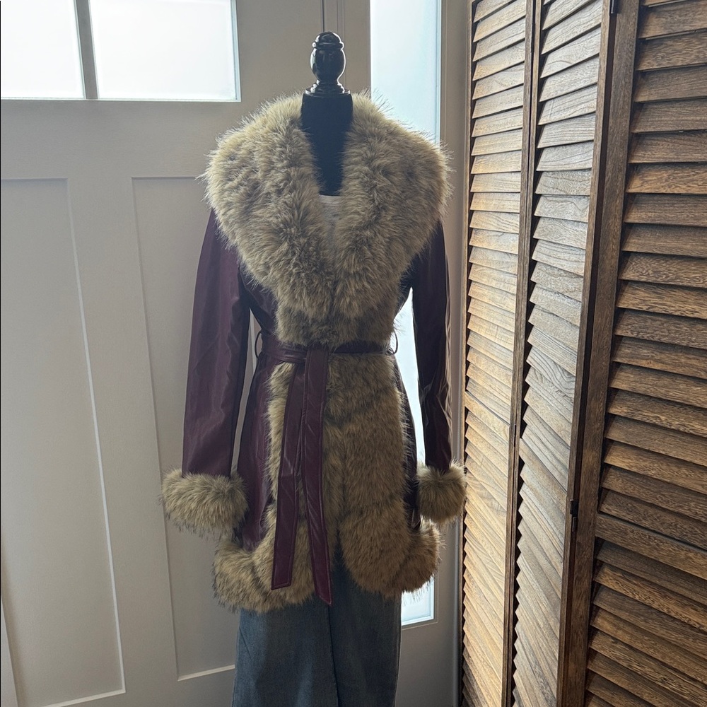 Gorgeous Faux Fur Trimmed Burgundy Coat